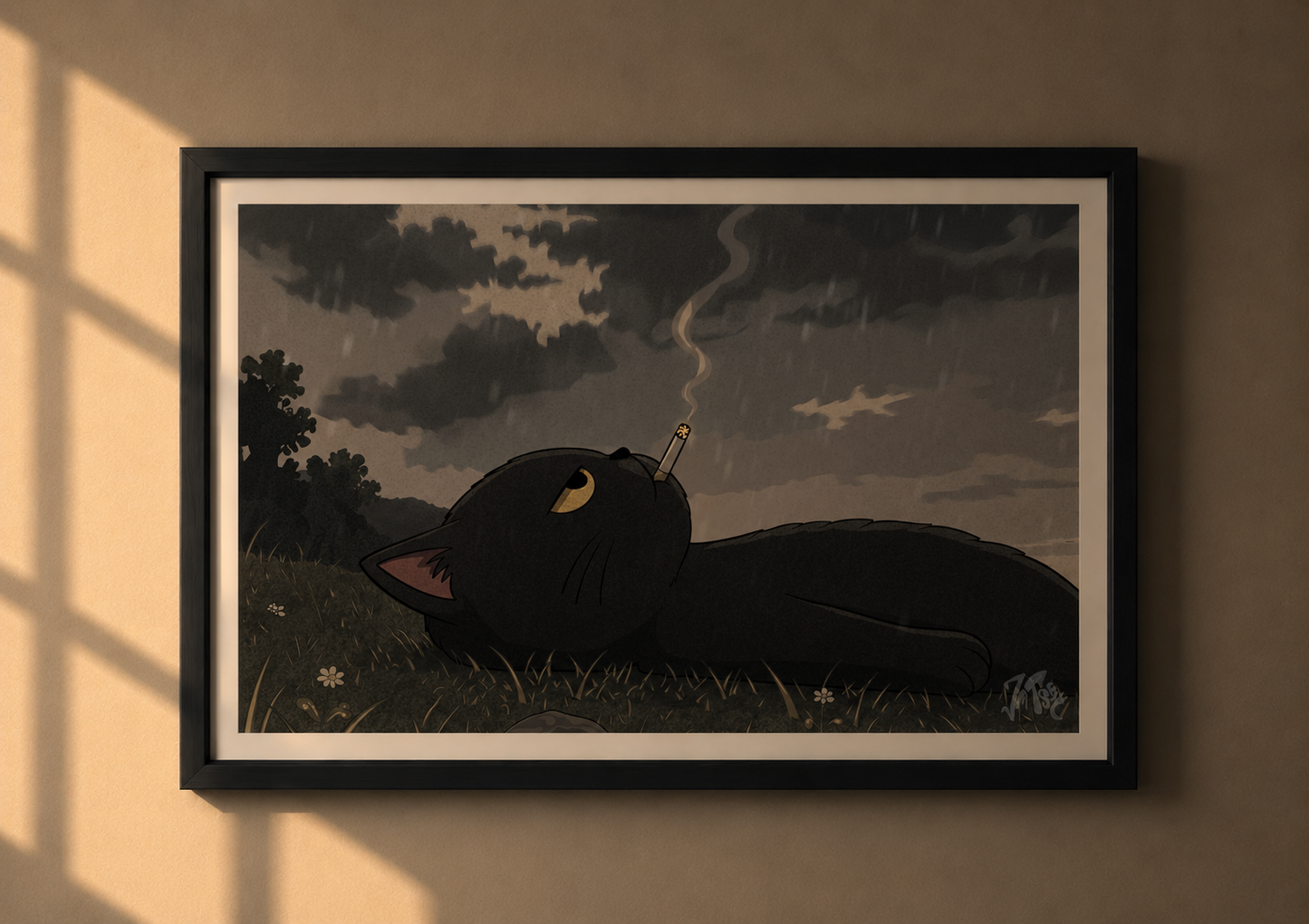 Cat smoking on grass poster