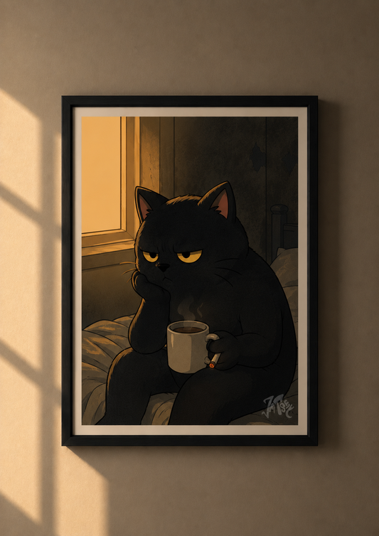 Cat on bed drinking coffe - preview